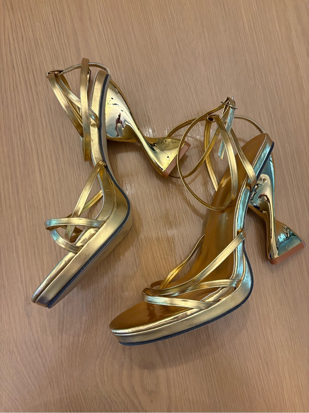 Gold Strappy Platform with Sculptural High-Heel Sandals - Picture 3 of 8